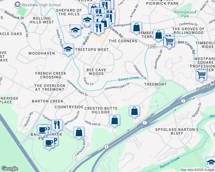 map of restaurants, bars, coffee shops, grocery stores, and more near 2934 Thousand Oaks Drive in Austin