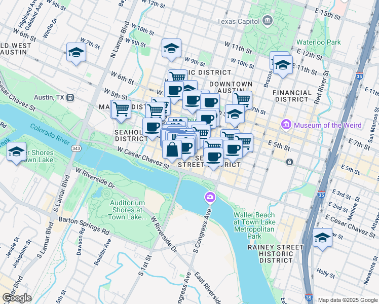 map of restaurants, bars, coffee shops, grocery stores, and more near 320 West 2nd Street in Austin