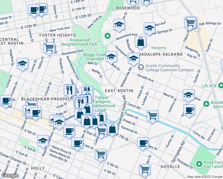 map of restaurants, bars, coffee shops, grocery stores, and more near 2802 Webberville Road in Austin