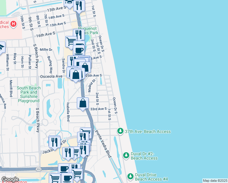 map of restaurants, bars, coffee shops, grocery stores, and more near 2905 Ocean Drive South in Jacksonville Beach
