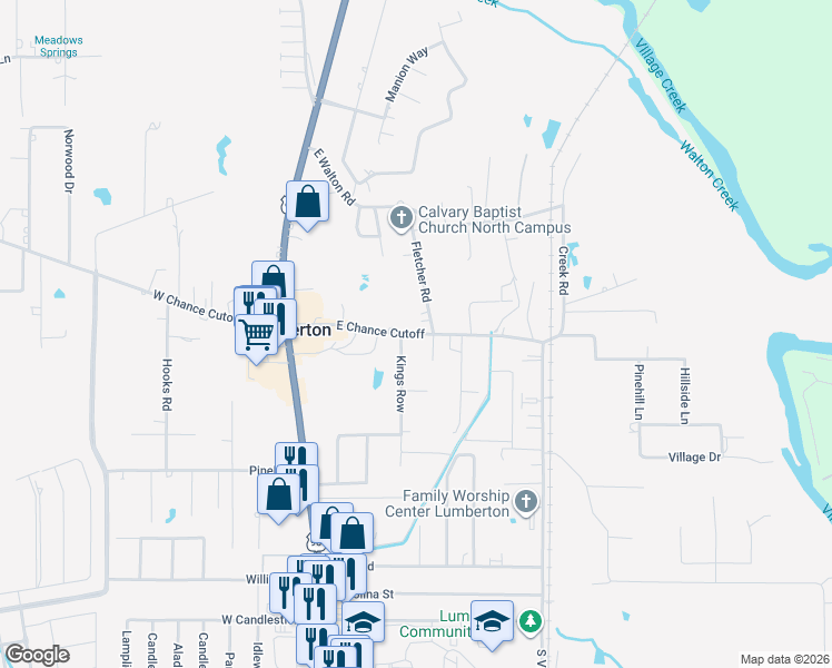 map of restaurants, bars, coffee shops, grocery stores, and more near 250 East Chance Road in Lumberton