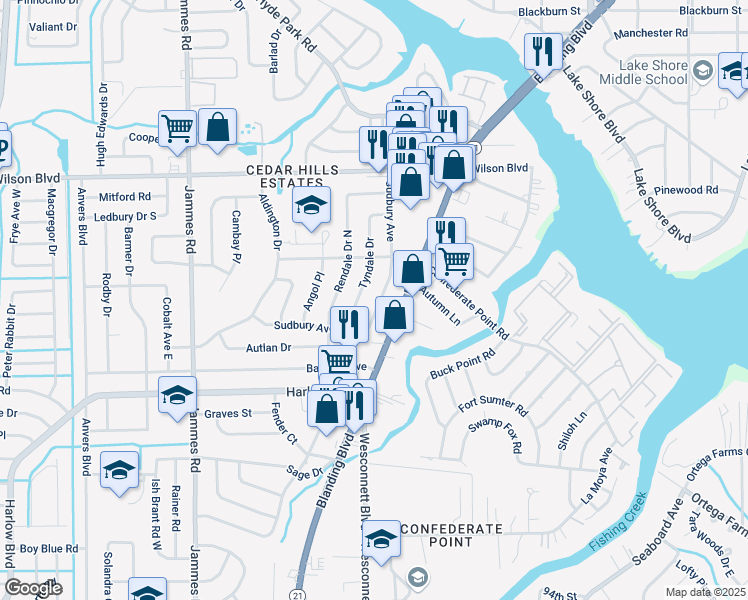 map of restaurants, bars, coffee shops, grocery stores, and more near 4038 Sudbury Avenue in Jacksonville