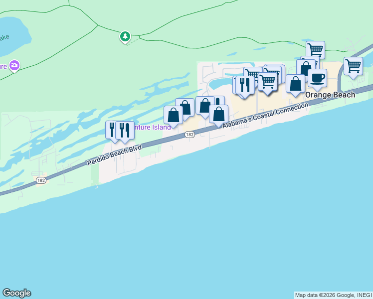 map of restaurants, bars, coffee shops, grocery stores, and more near 24988 Perdido Beach Boulevard in Orange Beach