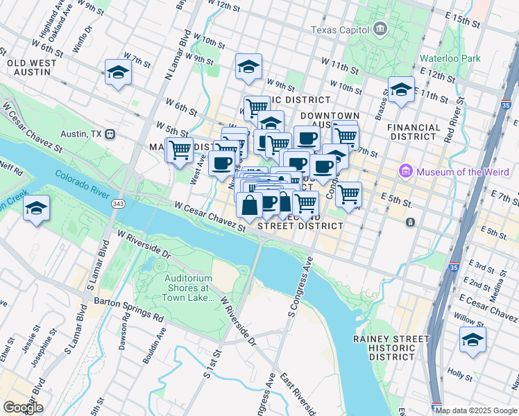 map of restaurants, bars, coffee shops, grocery stores, and more near 320 West 2nd Street in Austin