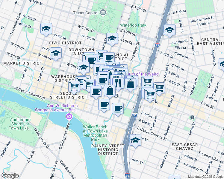map of restaurants, bars, coffee shops, grocery stores, and more near 409 East 5th Street in Austin