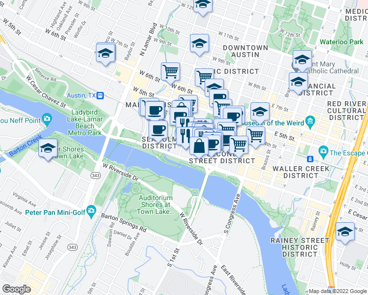 map of restaurants, bars, coffee shops, grocery stores, and more near 110 San Antonio Street in Austin