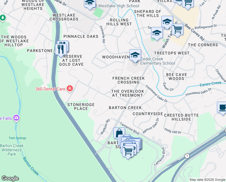 map of restaurants, bars, coffee shops, grocery stores, and more near 3308 Stoneridge Road in Austin