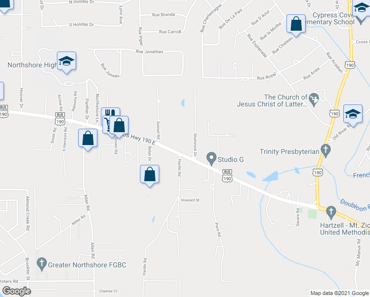 map of restaurants, bars, coffee shops, grocery stores, and more near 40167 US Highway 190 East in Slidell