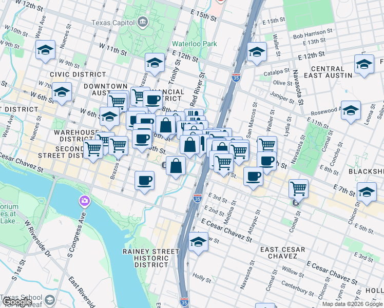 map of restaurants, bars, coffee shops, grocery stores, and more near 500 North Interstate 35 Frontage Road in Austin