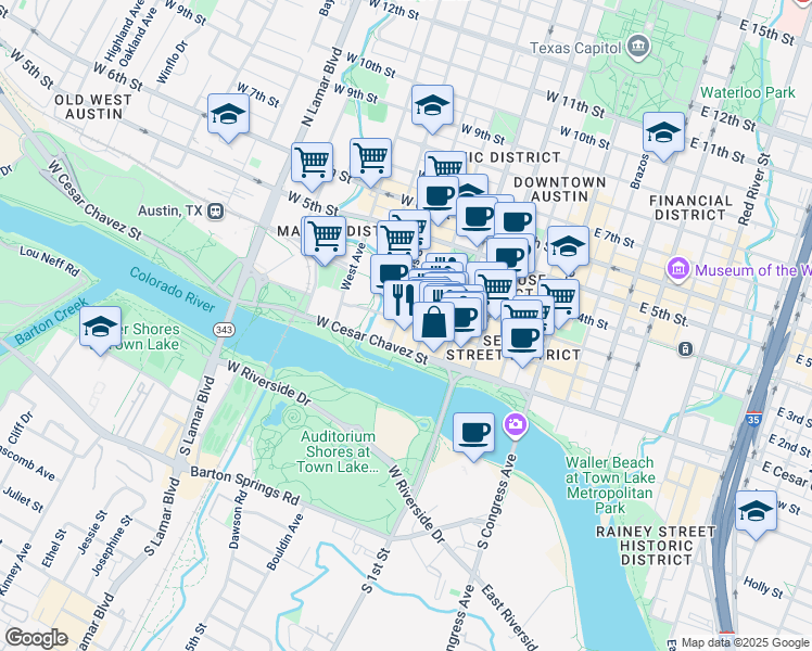 map of restaurants, bars, coffee shops, grocery stores, and more near 110 San Antonio Street in Austin