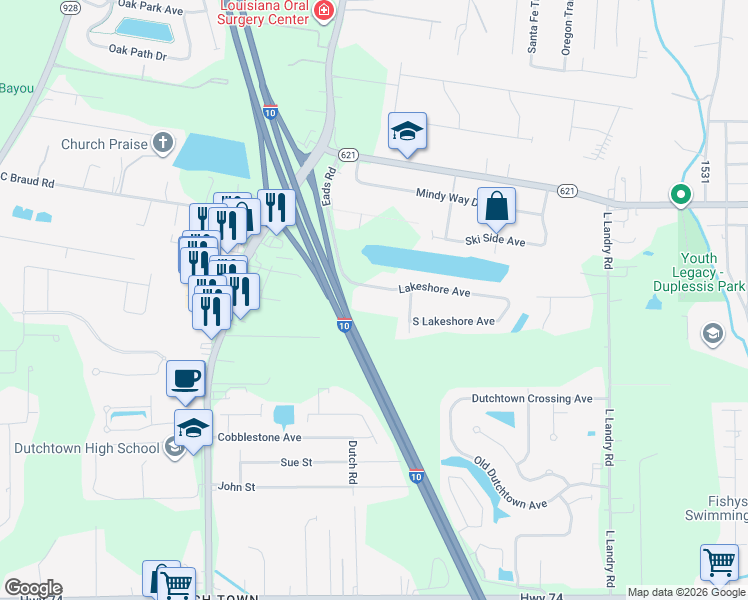 map of restaurants, bars, coffee shops, grocery stores, and more near 37161 Lakeshore Avenue in Prairieville