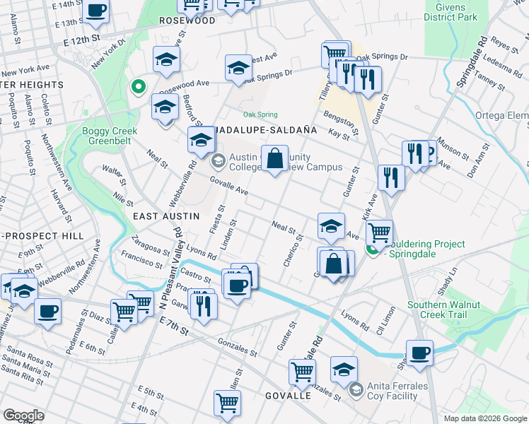 map of restaurants, bars, coffee shops, grocery stores, and more near 3106 Neal Street in Austin