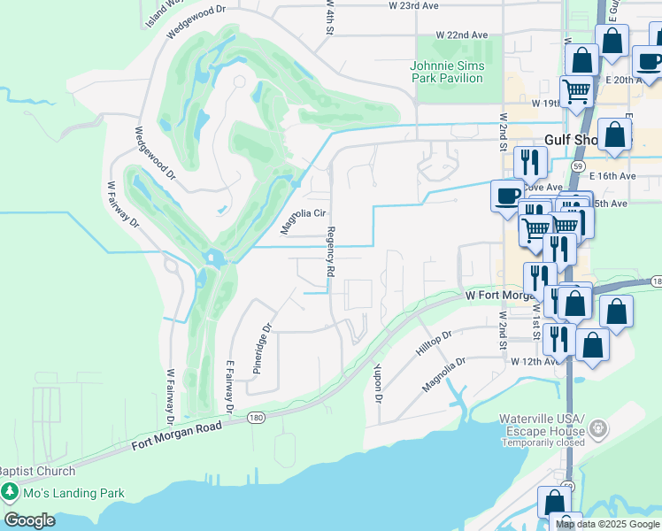 map of restaurants, bars, coffee shops, grocery stores, and more near 1523 Regency Road in Gulf Shores