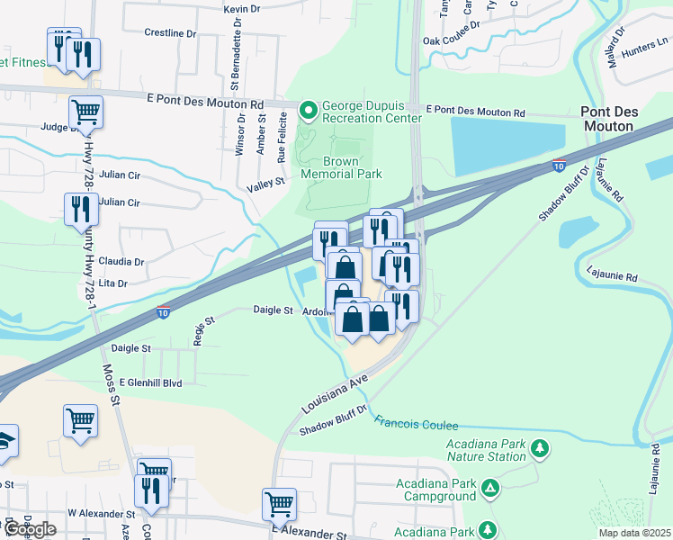 map of restaurants, bars, coffee shops, grocery stores, and more near 3225 Louisiana Avenue in Lafayette