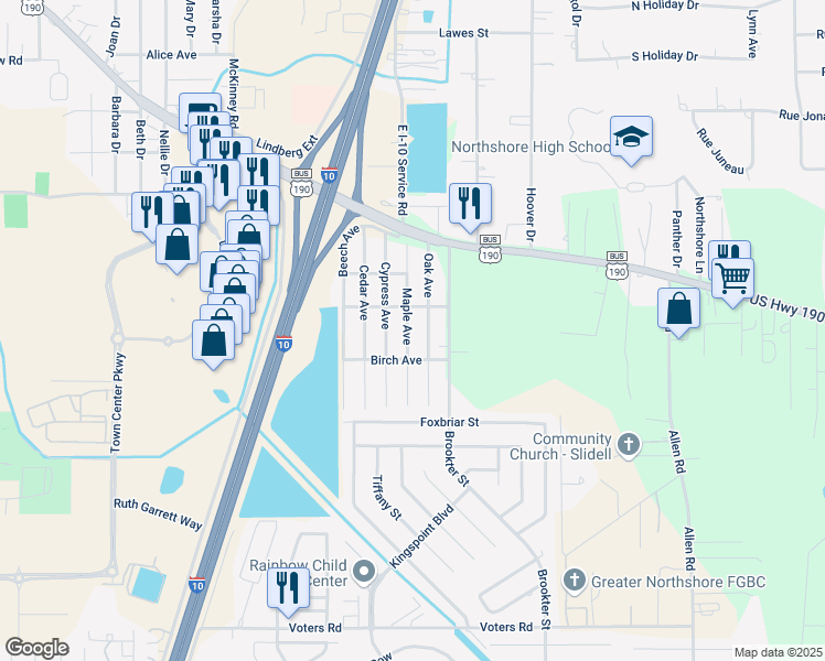 map of restaurants, bars, coffee shops, grocery stores, and more near 57364 Oak Avenue in Slidell