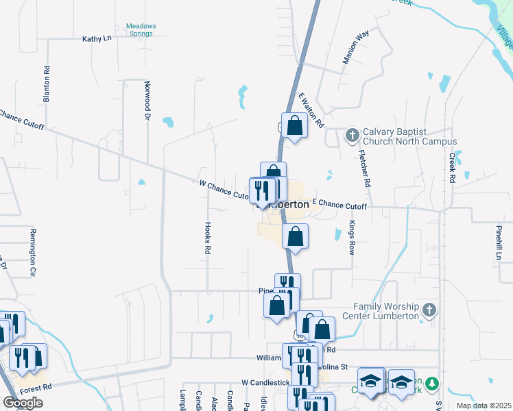 map of restaurants, bars, coffee shops, grocery stores, and more near 55 West Chance Road in Lumberton