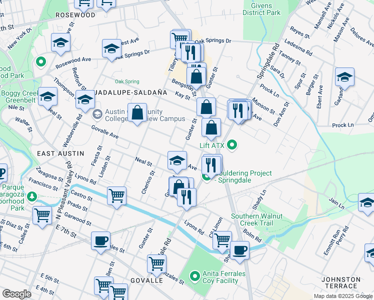 map of restaurants, bars, coffee shops, grocery stores, and more near 1117 1/4 Gunter Street in Austin