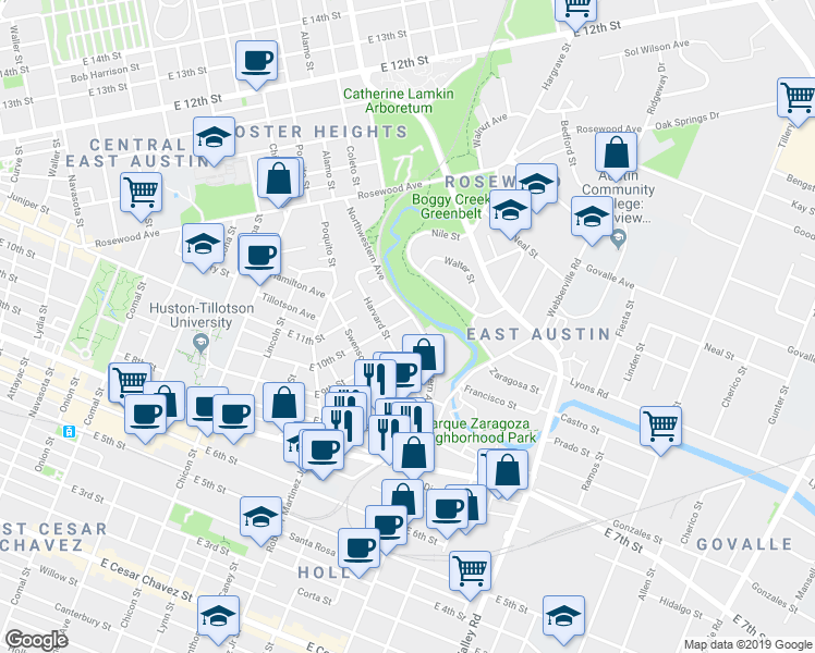 map of restaurants, bars, coffee shops, grocery stores, and more near in Austin