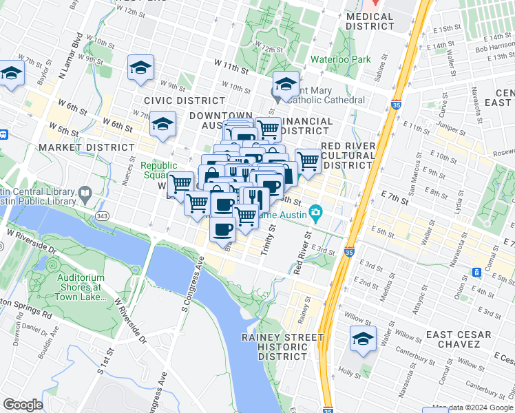 map of restaurants, bars, coffee shops, grocery stores, and more near 306 East 4th Street in Austin