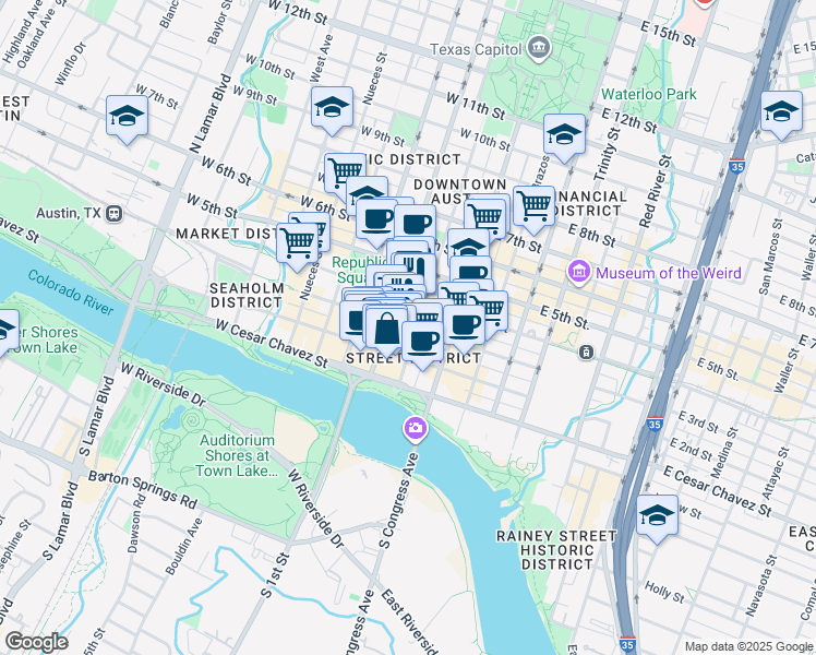 map of restaurants, bars, coffee shops, grocery stores, and more near in Austin