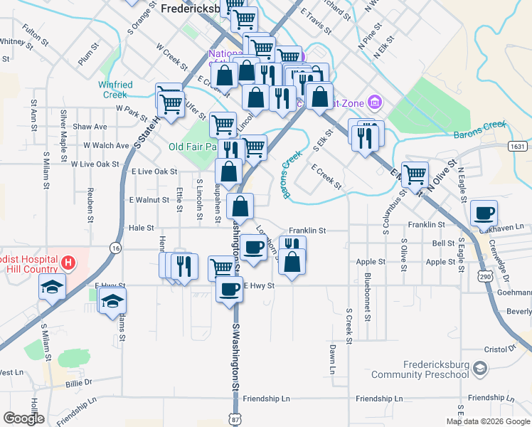 map of restaurants, bars, coffee shops, grocery stores, and more near 453 East Walnut Street in Fredericksburg