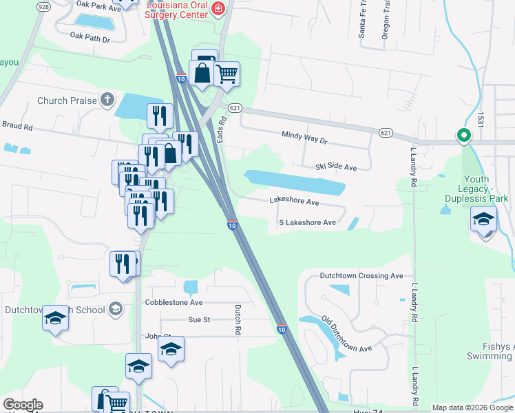 map of restaurants, bars, coffee shops, grocery stores, and more near 37161 Lakeshore Avenue in Prairieville