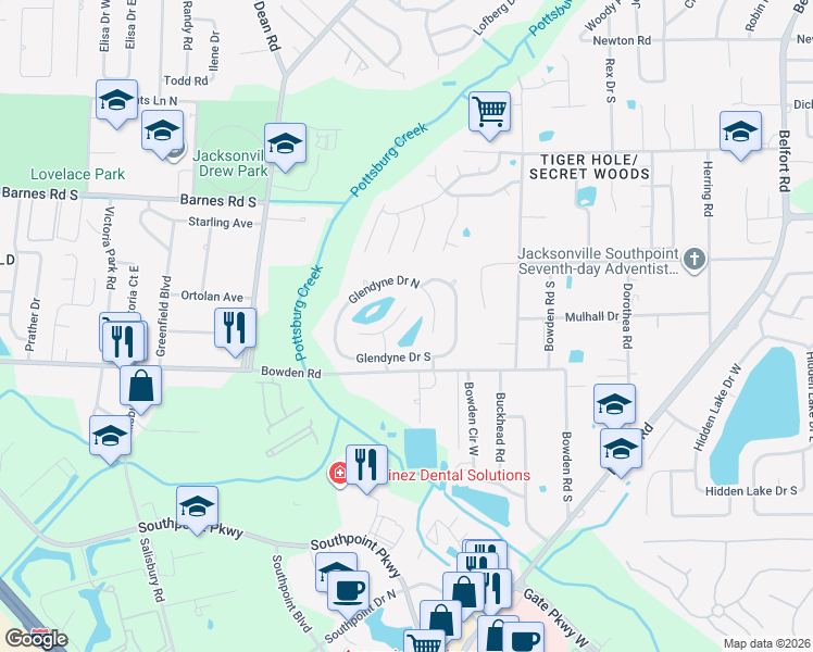 map of restaurants, bars, coffee shops, grocery stores, and more near 7154 Ridgeglen Court in Jacksonville
