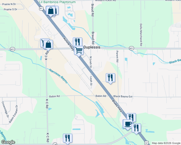 map of restaurants, bars, coffee shops, grocery stores, and more near 13511 Airline Hwy in Gonzales