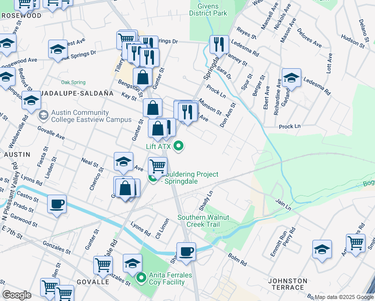 map of restaurants, bars, coffee shops, grocery stores, and more near 1011 Springdale Road in Austin