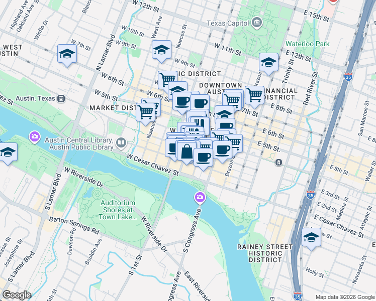 map of restaurants, bars, coffee shops, grocery stores, and more near in Austin