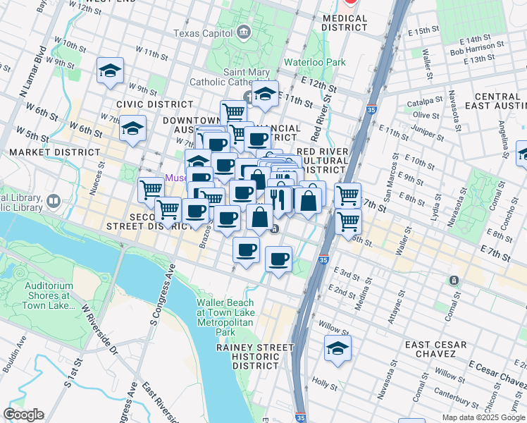 map of restaurants, bars, coffee shops, grocery stores, and more near 409 East 5th Street in Austin