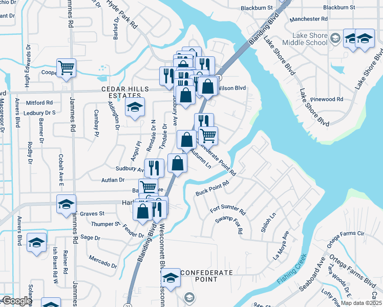 map of restaurants, bars, coffee shops, grocery stores, and more near 3916 Autumn Lane in Jacksonville
