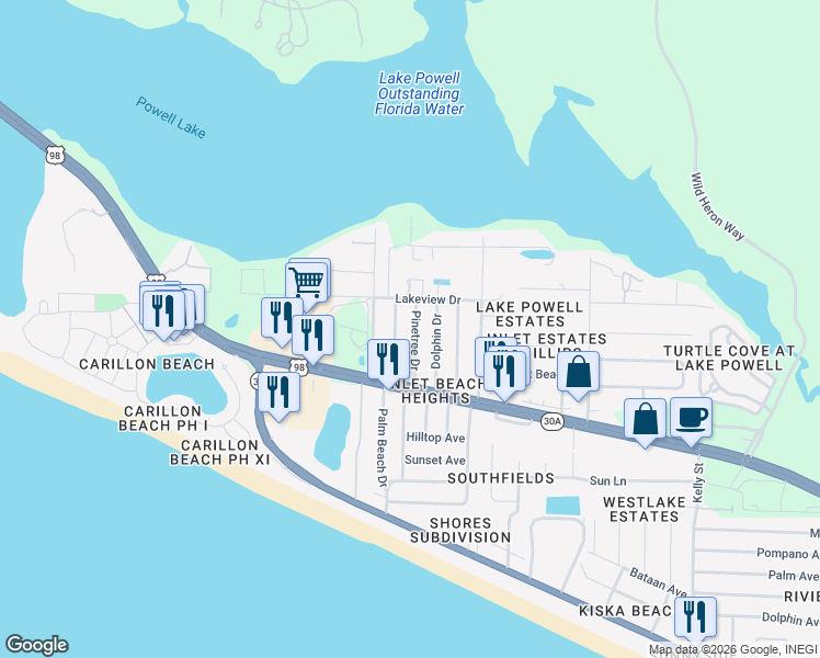 map of restaurants, bars, coffee shops, grocery stores, and more near 605 Pinetree Drive in Panama City Beach