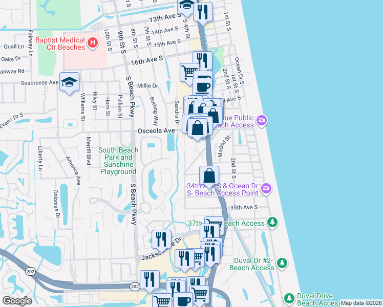 map of restaurants, bars, coffee shops, grocery stores, and more near 2691 Isabella Boulevard in Jacksonville Beach