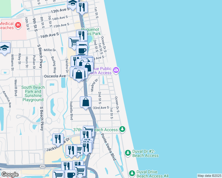 map of restaurants, bars, coffee shops, grocery stores, and more near 2905 Ocean Drive South in Jacksonville Beach