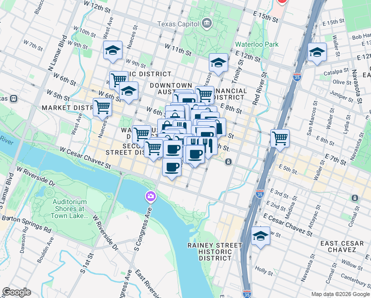 map of restaurants, bars, coffee shops, grocery stores, and more near E 4th St & Brazos St in Austin