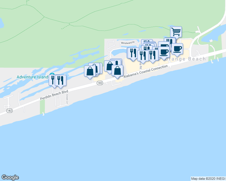 map of restaurants, bars, coffee shops, grocery stores, and more near 25050 Romar Vista Place in Orange Beach