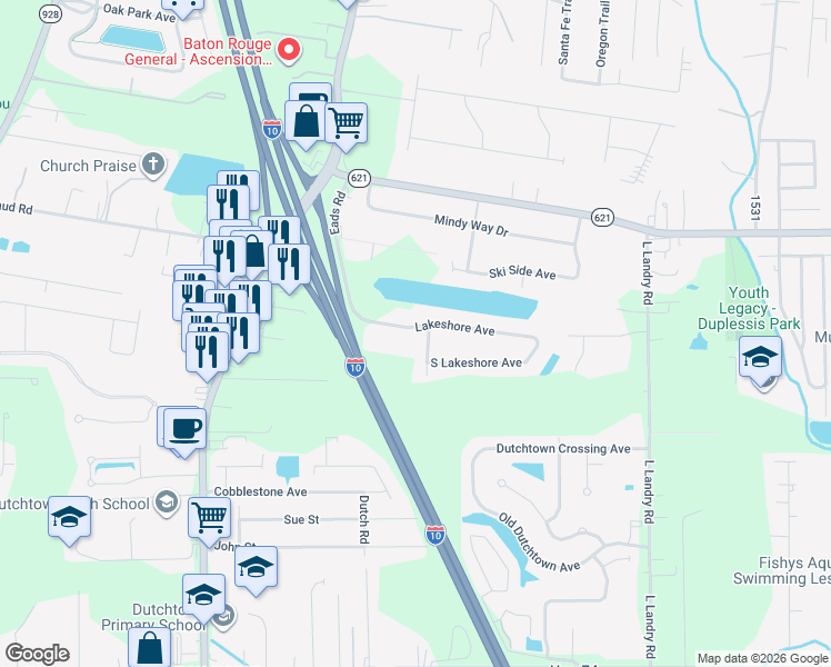 map of restaurants, bars, coffee shops, grocery stores, and more near 13395 West Lakeshore Avenue in Prairieville