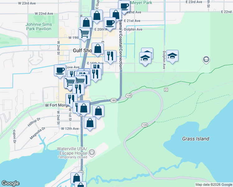 map of restaurants, bars, coffee shops, grocery stores, and more near 1520 East 2nd Street in Gulf Shores