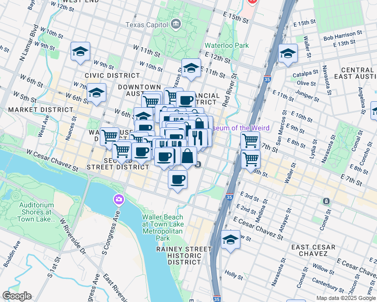 map of restaurants, bars, coffee shops, grocery stores, and more near 401 East 5th Street in Austin