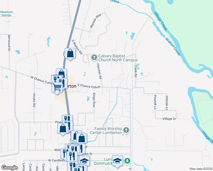 map of restaurants, bars, coffee shops, grocery stores, and more near 250 East Chance Cutoff in Lumberton
