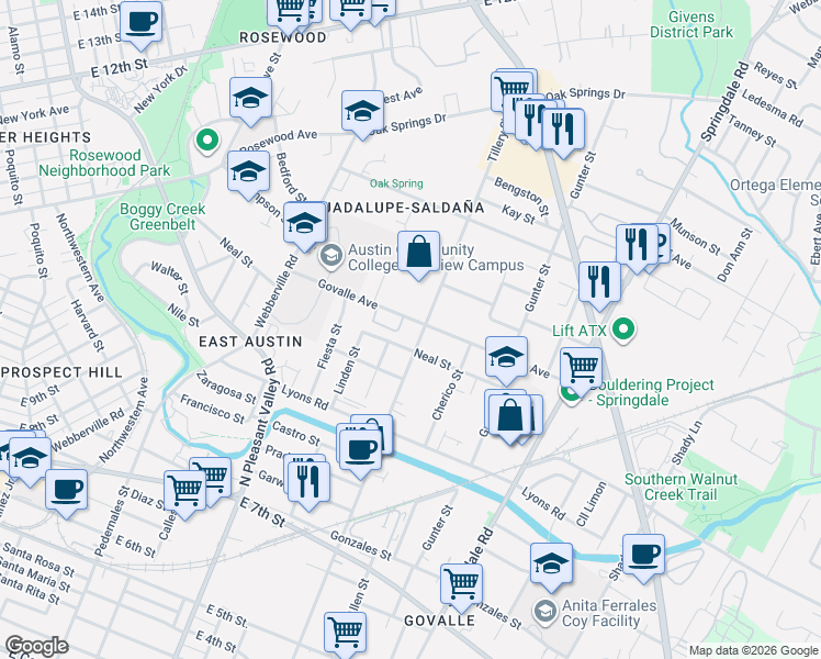 map of restaurants, bars, coffee shops, grocery stores, and more near 3133 Govalle Avenue in Austin