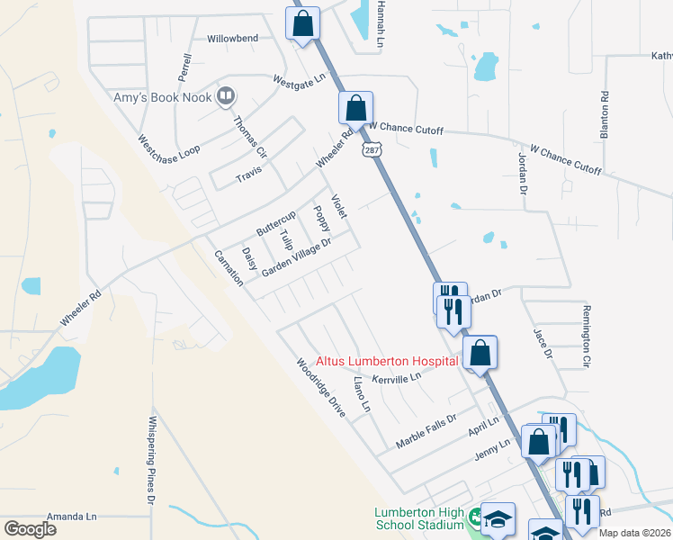 map of restaurants, bars, coffee shops, grocery stores, and more near 6675 Daylily in Lumberton