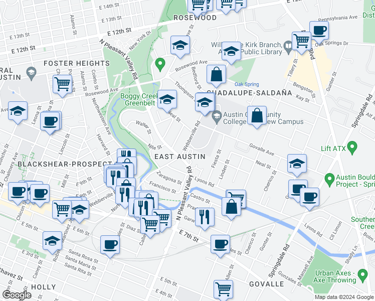 map of restaurants, bars, coffee shops, grocery stores, and more near 1008 Muse Lane in Austin