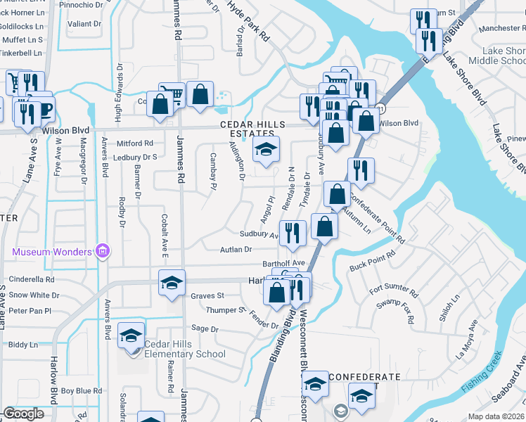 map of restaurants, bars, coffee shops, grocery stores, and more near 4102 Angol Place in Jacksonville