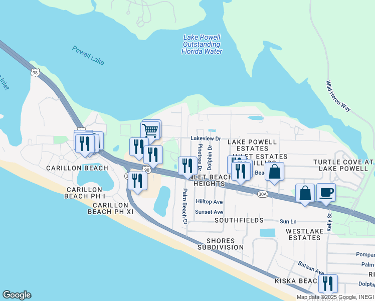 map of restaurants, bars, coffee shops, grocery stores, and more near 516 Palm Beach Drive in Panama City Beach