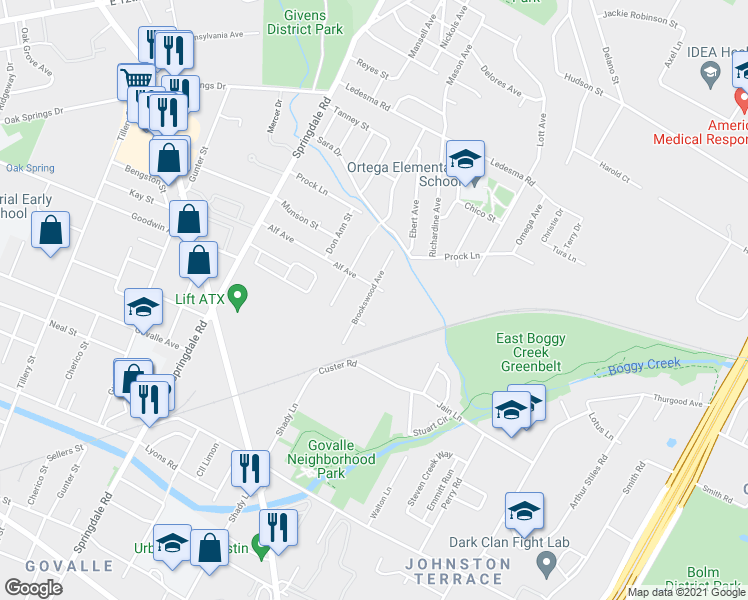 map of restaurants, bars, coffee shops, grocery stores, and more near 1125 Brookswood Avenue in Austin