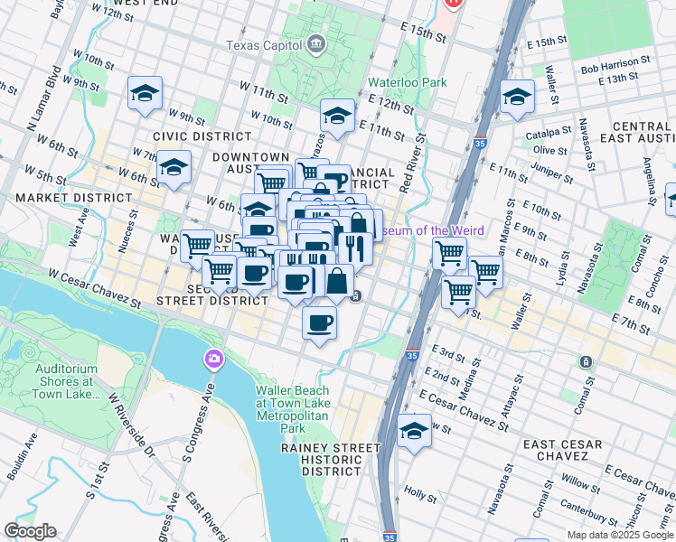 map of restaurants, bars, coffee shops, grocery stores, and more near 401 East 5th Street in Austin