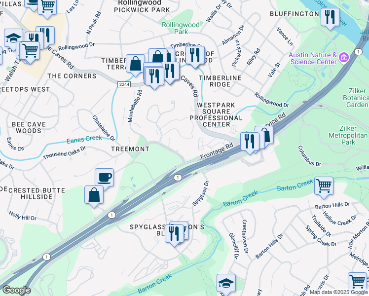 map of restaurants, bars, coffee shops, grocery stores, and more near 1000 Liberty Park Drive in Austin