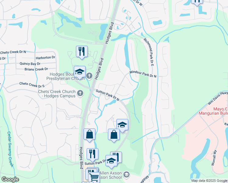 map of restaurants, bars, coffee shops, grocery stores, and more near 13776 Holland Park Drive in Jacksonville